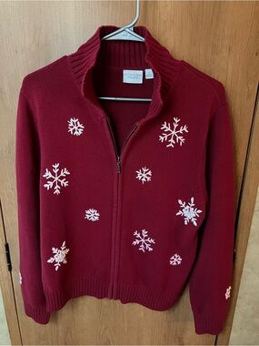Vintage Sonoma Burgundy Zip-Up Cardigan with White Snowflake Accents Size L